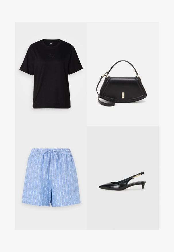 Black cotton t-shirt with a crew neckline, short sleeves, and an embroidered logo on the chest. Simple, relaxed fit with no patterns.; Light blue linen shorts with white vertical stripes, an elastic waistband, and a tied drawstring at the front.; Black leather slingback heels with a pointed toe, featuring a slim heel and a gold-tone accent on the adjustable strap. Smooth texture.; Black leather handbag with a structured design, featuring a cropped shape, top handle, and gold hardware accent. Adjustable shoulder strap included.