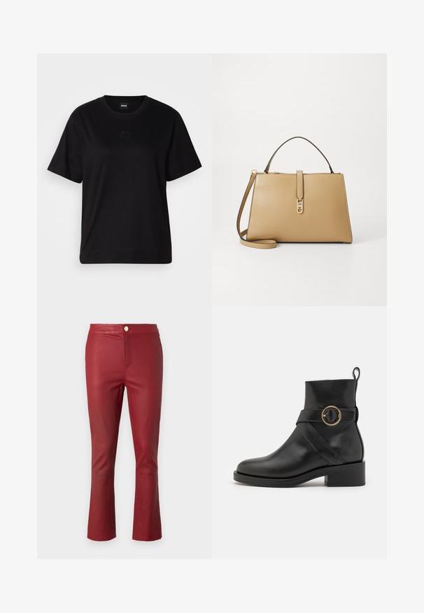 Schwarzes Baumwoll-T-Shirt mit Rundhalsausschnitt, kurzen Ärmeln und aufgesticktem Logo auf der Brust. Einfacher, lässiger Schnitt ohne Muster.; Rote Lederhosen mit einer figurbetonten Passform, mittelhoher Taille und ausgestellten Säumen. Verfügt über einen vorderen Knopfverschluss und eine glatte Textur.; BOSS IRYNA BOOTIE - Plateaustiefelette - black; Tommy Hilfiger LIBRE SATCHEL - Handtasche - safari