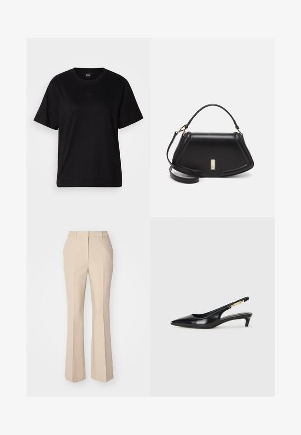 Črna bombažna majica s krožnim izrezom, kratkimi rokavi in izvezenim logotipom na prsih. Preprosta, sproščena silhueta brez vzorcev.; GANT FLARE SLACK - Hlače - dry sand; Črne usnjene sandale na peto z ostro konico, ki imajo tanko peto in zlat ton na nastavljivem traku. Gladka tekstura.; Črna usnjena torbica s strukturnim dizajnom, ki ima skrajšano obliko, zgornji ročaj in zlate dodatke. Vključena je nastavljiva ramenska naramnica.