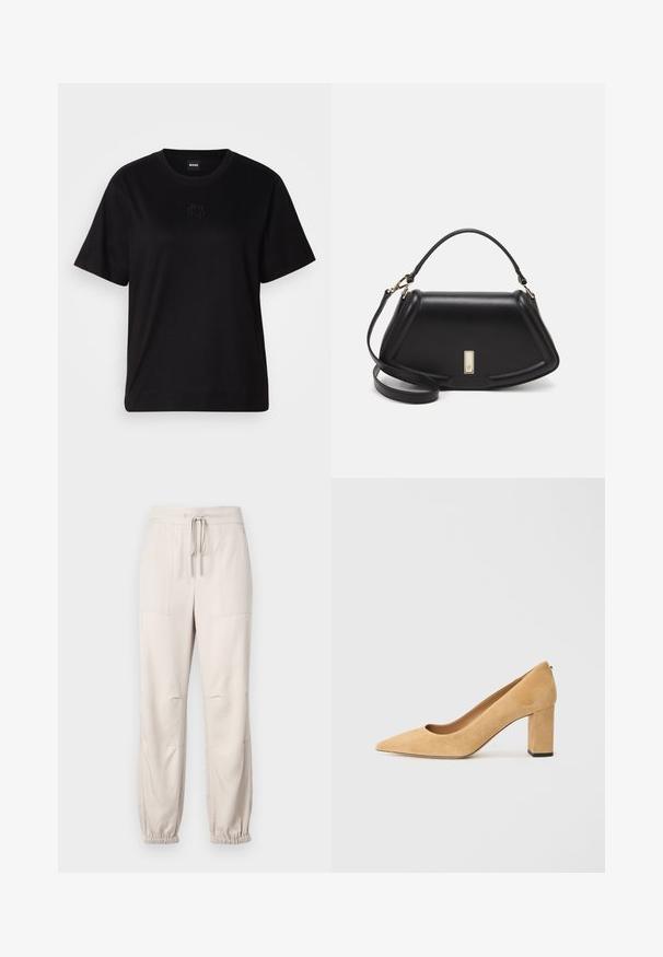 Black cotton t-shirt with a crew neckline, short sleeves, and an embroidered logo on the chest. Simple, relaxed fit with no patterns.; Beige, lightweight trousers with an elastic waistband, drawstring detail, and elastic cuffs. Features two front pockets and a smooth texture.; Beige suede high-heeled pump with a pointed toe and a chunky block heel. The material has a soft texture with a smooth finish.; Black leather handbag with a structured design, featuring a cropped shape, top handle, and gold hardware accent. Adjustable shoulder strap included.