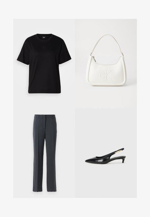 Svart bomull T-skjorte med rund hals, korte ermer og et brodert logo på brystet. Enkel, avslappet passform uten mønstre.; Mørkegrå dressbukser med stripemønster og rette ben, beltesløjfer og lynlås foran, på hvid baggrund.; Sorte lærreim hæler med spiss tå, som har en slank hæl og en gullfarget detalj på den justerbare stroppen. Glatt tekstur.; Hvit lærveske med en buet fasong, med et preget "CK"-logo på forsiden og en enkel skulderstropp. Glidelåslukking på toppen.