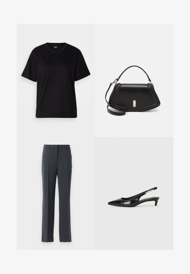 Black cotton t-shirt with a crew neckline, short sleeves, and an embroidered logo on the chest. Simple, relaxed fit with no patterns.; Dark gray pinstripe straight-leg dress trousers with belt loops and front zipper closure on a white background.; Black leather slingback heels with a pointed toe, featuring a slim heel and a gold-tone accent on the adjustable strap. Smooth texture.; Black leather handbag with a structured design, featuring a cropped shape, top handle, and gold hardware accent. Adjustable shoulder strap included.