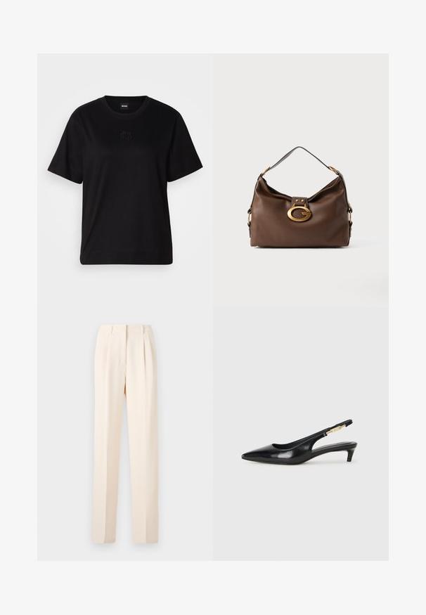 Zwarte katoenen t-shirt met een ronde hals, korte mouwen en een geborduurd logo op de borst. Eenvoudige, comfortabele pasvorm zonder patronen.; Beige op maat gemaakte broeken met plooien, met een rechte snit en een gladde textuur. De tailleband is schoon zonder zichtbare hardware.; Zwarte leren slingback hakken met een spitse neus, voorzien van een slanke hak en een goudkleurige accent op de verstelbare band. Gladde textuur.; Bruine leren handtas met een textuurafwerking, voorzien van een gouden sluiting en een enkele, gebogen schouderriem.