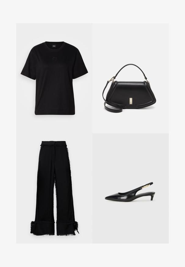 Camiseta de algodón negra con cuello redondo, mangas cortas y un logo bordado en el pecho. Ajuste simple y relajado sin patrones.; Pantalones de pierna ancha negros con bordes con flecos, un acabado texturizado, aberturas laterales y botones decorativos en el dobladillo. Cintura a medida.; Tacones negros de piel sintética tipo slingback con punta afilada, que cuentan con un tacón delgado y un detalle en tono dorado en la correa ajustable. Textura suave.; Bolso de mano de cuero negro con un diseño estructurado, que presenta una forma recortada, asa superior y acentos en dorado. Correa de hombro ajustable incluida.