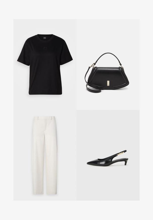 Black cotton t-shirt with a crew neckline, short sleeves, and an embroidered logo on the chest. Simple, relaxed fit with no patterns.; Light beige trousers made of a smooth fabric, featuring a straight cut, flat front, belt loops, and side pockets.; Black leather slingback heels with a pointed toe, featuring a slim heel and a gold-tone accent on the adjustable strap. Smooth texture.; Black leather handbag with a structured design, featuring a cropped shape, top handle, and gold hardware accent. Adjustable shoulder strap included.