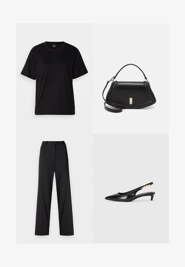 Black cotton t-shirt with a crew neckline, short sleeves, and an embroidered logo on the chest. Simple, relaxed fit with no patterns.; Black wide-leg trousers made of smooth fabric, featuring a high waist, pleated front, and belt loops. Clean, tailored design.; Black leather slingback heels with a pointed toe, featuring a slim heel and a gold-tone accent on the adjustable strap. Smooth texture.; Black leather handbag with a structured design, featuring a cropped shape, top handle, and gold hardware accent. Adjustable shoulder strap included.