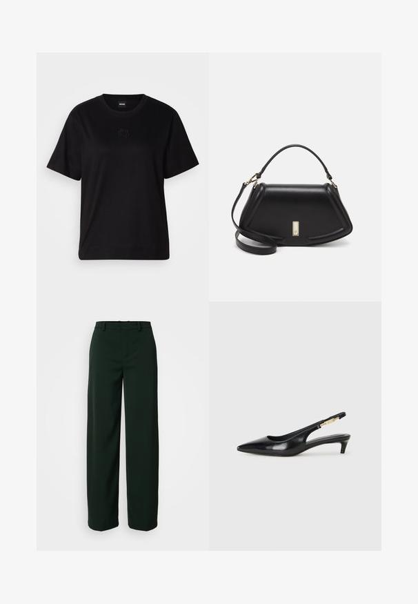 Black cotton t-shirt with a crew neckline, short sleeves, and an embroidered logo on the chest. Simple, relaxed fit with no patterns.; DRYKORN DESK - Trousers - green; Black leather slingback heels with a pointed toe, featuring a slim heel and a gold-tone accent on the adjustable strap. Smooth texture.; Black leather handbag with a structured design, featuring a cropped shape, top handle, and gold hardware accent. Adjustable shoulder strap included.
