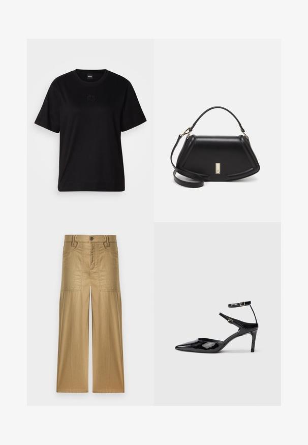Zwarte katoenen t-shirt met een ronde hals, korte mouwen en een geborduurd logo op de borst. Eenvoudige, comfortabele pasvorm zonder patronen.; Khaki wijde broek van een duurzame katoenmix. Voorzien van twee zijzakken en een voorste knoopsluiting. Soepele textuur.; Zwarte laarzen van gepatenteerd leer met een spitse neus, verstelbare enkelbandjes en een slanke hak. Gladde textuur met een glanzende afwerking.; Zwarte leren handtas met een gestructureerd ontwerp, featuring een verkorte vorm, bovenhandvat en gouden hardwareaccent. Inclusief verstelbare schouderband.