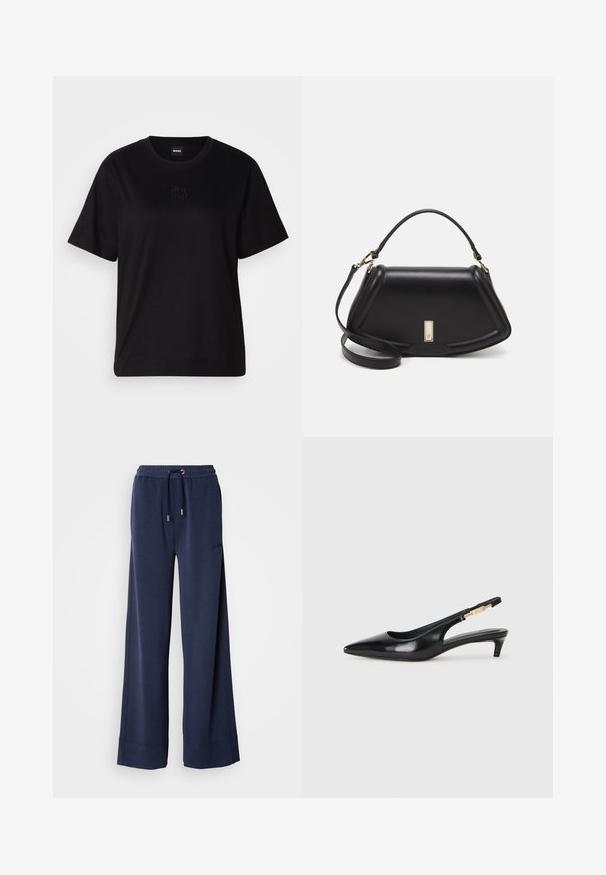 Black cotton t-shirt with a crew neckline, short sleeves, and an embroidered logo on the chest. Simple, relaxed fit with no patterns.; Navy wide-leg pants made from soft fabric featuring an elastic waistband with a drawstring and logo detail on the front left leg.; Black leather slingback heels with a pointed toe, featuring a slim heel and a gold-tone accent on the adjustable strap. Smooth texture.; Black leather handbag with a structured design, featuring a cropped shape, top handle, and gold hardware accent. Adjustable shoulder strap included.