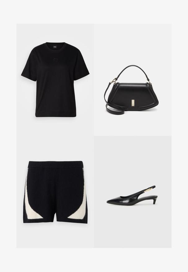 Schwarzes Baumwoll-T-Shirt mit Rundhalsausschnitt, kurzen Ärmeln und aufgesticktem Logo auf der Brust. Einfacher, lässiger Schnitt ohne Muster.; Strickshorts in Schwarz mit kontrastierenden cremefarbenen geometrischen Mustern an den Seiten. Sie verfügen über einen gerippten Bund und eine weiche Textur.; Schwarze Leder-Slingback-Pumps mit spitzem Schuhblatt, ausgestattet mit einem schlanken Absatz und einem goldfarbigen Akzent am verstellbaren Riemen. Glatte Textur.; Schwarze Lederhandtasche mit einem strukturierten Design, das eine verkürzte Form, einen oberen Griff und goldfarbene Hardware-Details aufweist. Verstellbarer Schulterriemen ist enthalten.