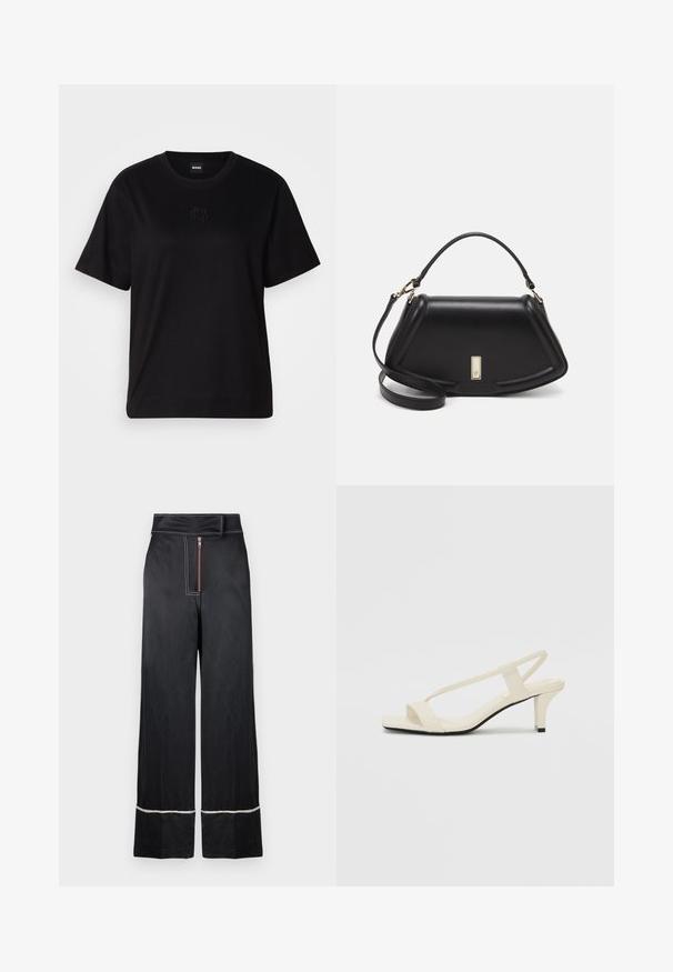 Črna bombažna majica s krožnim izrezom, kratkimi rokavi in izvezenim logotipom na prsih. Preprosta, sproščena silhueta brez vzorcev.; Črne široke hlače z visokim pasom, ki imajo sprednji zadrgo in kontrastno belo šivanje ob robu in straneh.; Bež sandale z blok peto, tankimi trakovi in kvadratnim prstom. Gladek material z minimalnim okrasjem, zasnovan za enostavno nošenje.; Črna usnjena torbica s strukturnim dizajnom, ki ima skrajšano obliko, zgornji ročaj in zlate dodatke. Vključena je nastavljiva ramenska naramnica.