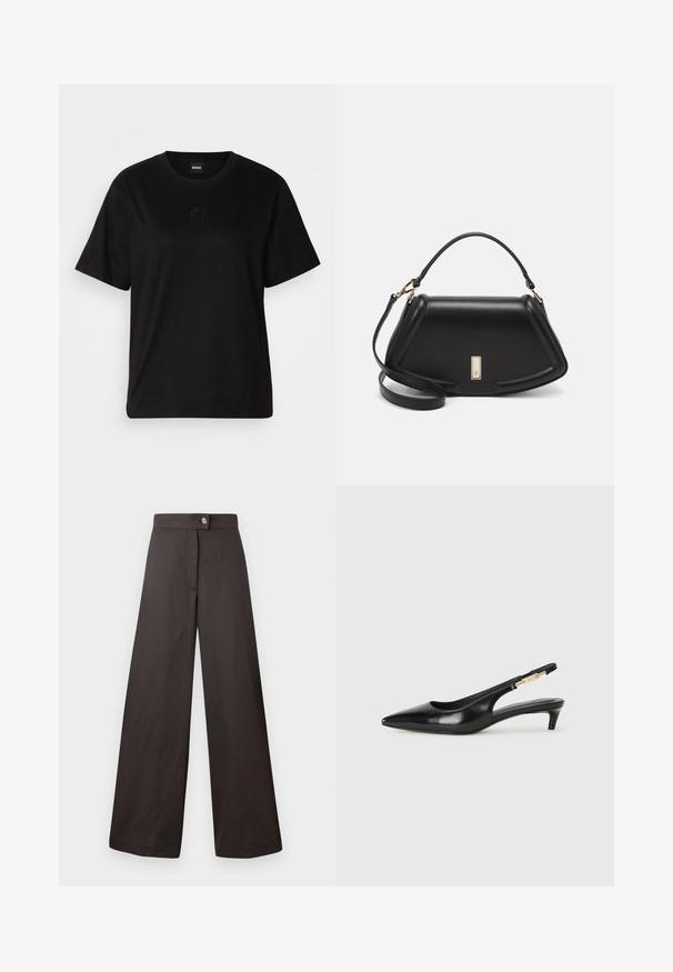 Black cotton t-shirt with a crew neckline, short sleeves, and an embroidered logo on the chest. Simple, relaxed fit with no patterns.; Black wide-leg trousers with a smooth texture, featuring a front button closure and a clean, simple design. No patterns or accents visible.; Black leather slingback heels with a pointed toe, featuring a slim heel and a gold-tone accent on the adjustable strap. Smooth texture.; Black leather handbag with a structured design, featuring a cropped shape, top handle, and gold hardware accent. Adjustable shoulder strap included.