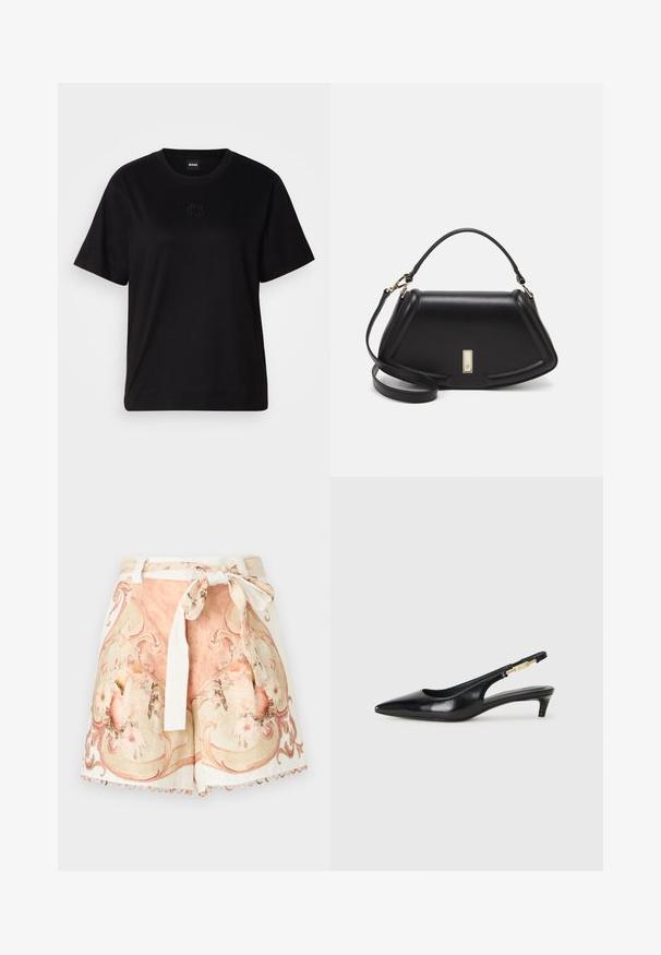 Black cotton t-shirt with a crew neckline, short sleeves, and an embroidered logo on the chest. Simple, relaxed fit with no patterns.; Shorts in light fabric with a floral pattern in pink and cream, featuring a tied waistband and scalloped hem.; Black leather slingback heels with a pointed toe, featuring a slim heel and a gold-tone accent on the adjustable strap. Smooth texture.; Black leather handbag with a structured design, featuring a cropped shape, top handle, and gold hardware accent. Adjustable shoulder strap included.