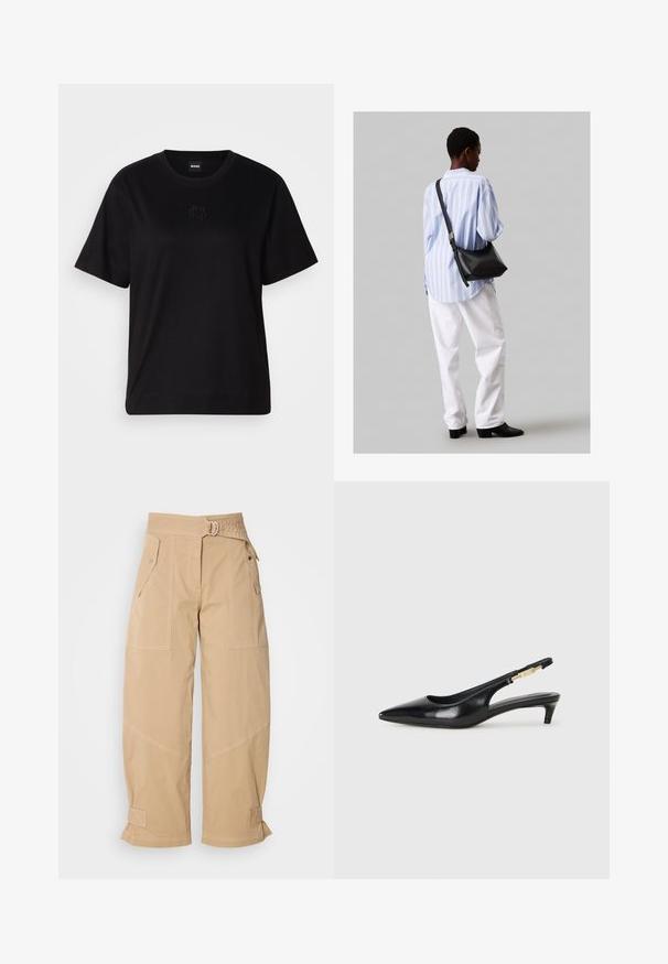 Czarny bawełniany t-shirt z okrągłym dekoltem, krótkimi rękawami i haftowanym logo na piersi. Prosty, luźny krój bez wzorów.; Beżowe spodnie w szerokim kroju, wykonane z trwałej tkaniny, z dwoma przednimi kieszeniami, talią z paskiem oraz podwiniętymi mankietami ze stębnowanymi akcentami.; Czarne skórzane szpilki typu slingback z ostrym noskiem, posiadające smukły obcas i złoty akcent na regulowanym pasku. Gładka tekstura.; Czarna skórzana torba na ramię o miękkiej fakturze, w kształcie trójkąta, z regulowanym paskiem, połączona z jasnoniebieską koszulą w paski i białymi spodniami.
