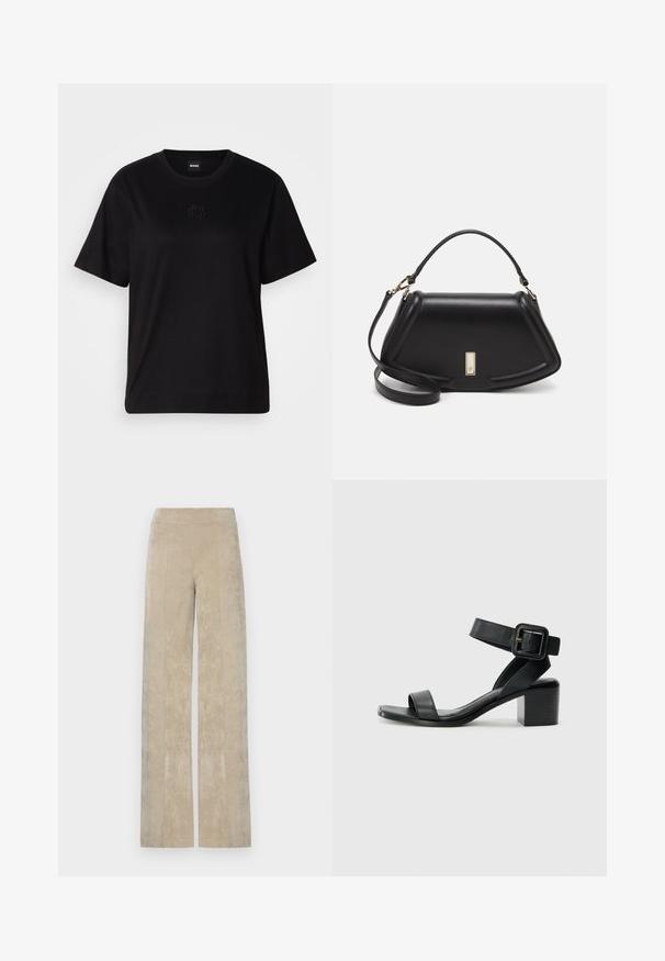 Crna pamučna majica s okruglim izrezom, kratkim rukavima i izvezenim logotipom na prsima. Jednostavan, opušten kroj bez uzorka.; Hlače širokog kroja visoko strukirane u svijetlo bež korduru, s vertikalnim rebrima i mekanom teksturom. Ravan pojas za udobnost.; Crne kožne sandale s potpeticom, s podesivim remenom za gležanj, otvorenim prstima i kvadratnom blok petom. Glatka tekstura, minimalistički stil.; Crna kožna torba s strukturiranim dizajnom, s krojenim oblikom, gornjom drškom i zlatnim detaljima. Uključena je podesiva ramena traka.