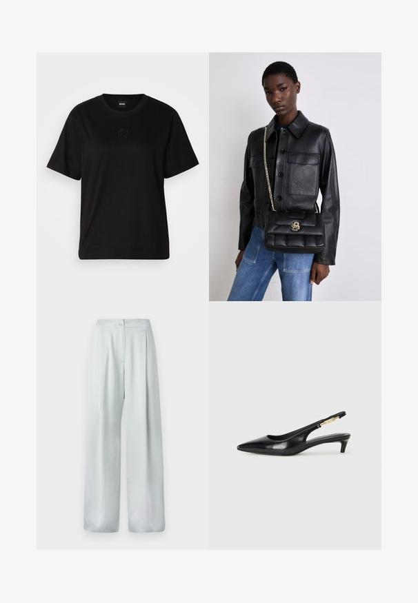Musta puuvillapaita, jossa on pyöreä kaula-aukko, lyhyet hihat ja brodeerattu logo rinnassa. Yksinkertainen, rento istuvuus ilman kuvioita.; Vaaleanharmaat väljät housut, joissa on sileä pinta, etupainike ja laskostettu muotoilu lisäyksinä.; Mustat nahkaiset slingback-korkokengät, joissa on terävä kärki, ohuet korot ja kultasävytteinen yksityiskohta säädettävässä hihnassa. Silkkinen pinta.; Mustat nahkatakki, jossa on napitus ja kaksi etutaskua, yhdistetty mustaan tikattuun käsilaukkuun, jossa on kultainen lukko ja ketjuolkaimet.