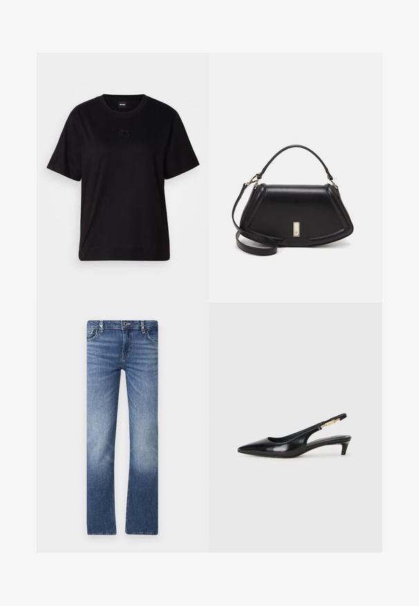 Mustmust särk, millel on ümar kaelus, lühikesed varrukad ja tindiga tikitud logo rinnal. Lihtne, mugav lõige ilma mustriteta.; Sinine denimist sirge lõikega teksapüksid, millel on pleekinud disain, viis taskut ja hõbedatooni riistvara vööümbruses.; Mustad nahast slingback kontsad terava ninaga, millel on õhuke konts ja kuldse tooni aktsent reguleeritaval rihmal. Sile tekstuur.; Must mustrist käekott, millel on struktureeritud disain, lühendatud kuju, ülemine käepide ja kuldne metallist detail. Reguleeritav õlalihm on kaasas.