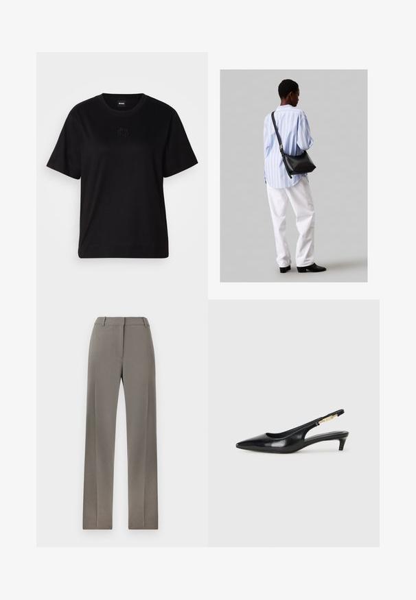 Czarny bawełniany t-shirt z okrągłym dekoltem, krótkimi rękawami i haftowanym logo na piersi. Prosty, luźny krój bez wzorów.; Szare spodnie o fasonie dopasowanym, z prostymi nogawkami, płaskim przodem i delikatną teksturą. Miękka tkanina oraz standardowy pas z szlufkami na pasek.; Czarne skórzane szpilki typu slingback z ostrym noskiem, posiadające smukły obcas i złoty akcent na regulowanym pasku. Gładka tekstura.; Czarna skórzana torba na ramię o miękkiej fakturze, w kształcie trójkąta, z regulowanym paskiem, połączona z jasnoniebieską koszulą w paski i białymi spodniami.
