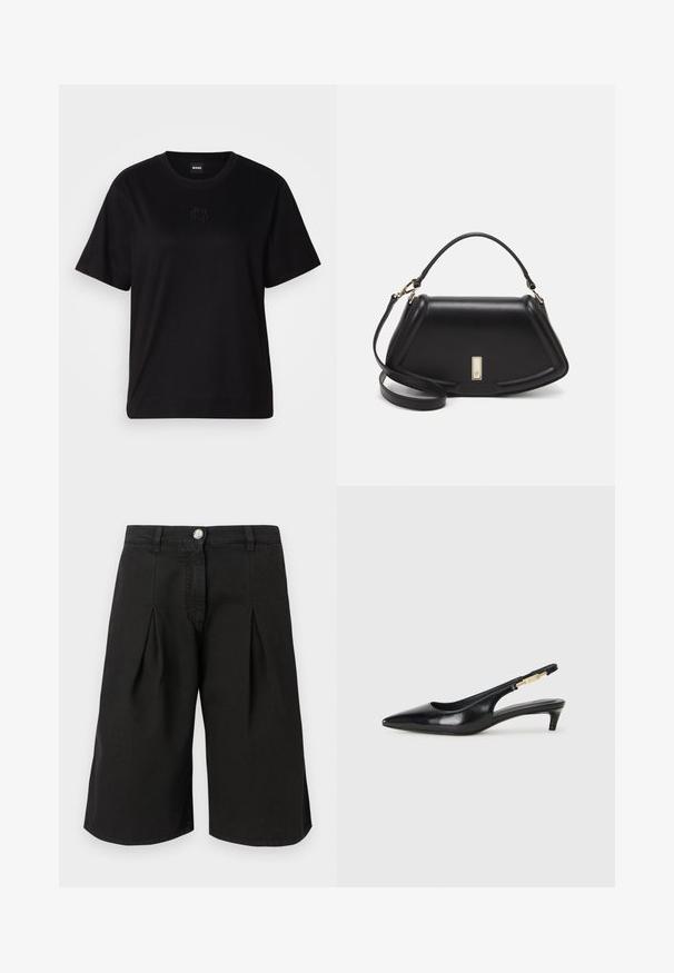 Crna pamučna majica s okruglim izrezom, kratkim rukavima i izvezenim logotipom na prsima. Jednostavan, opušten kroj bez uzorka.; Crne kratke hlače do koljena od cotton mješavine. Imaju nabore, prednje dugme za zatvaranje i klasičan dizajn struka.; Crne kožne sandale s petom, s izduženim vrhom, imaju usku petu i zlatni akcent na podesivoj traci. Glatka tekstura.; Crna kožna torba s strukturiranim dizajnom, s krojenim oblikom, gornjom drškom i zlatnim detaljima. Uključena je podesiva ramena traka.