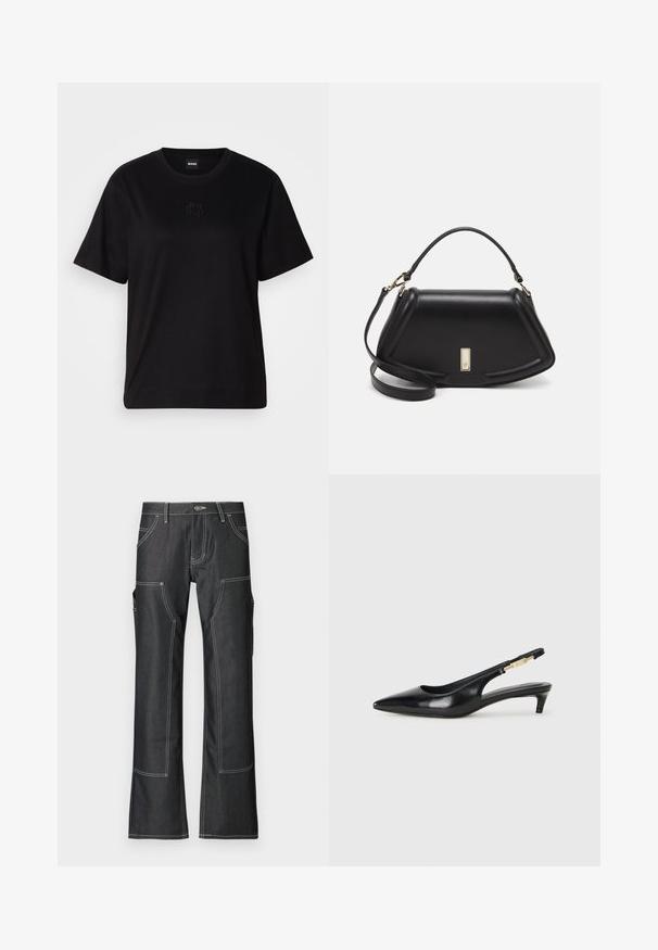 Black cotton t-shirt with a crew neckline, short sleeves, and an embroidered logo on the chest. Simple, relaxed fit with no patterns.; Dark denim cargo pants with white contrast stitching, featuring multiple pockets and a flared leg design. Durable fabric and metal button closure.; Black leather slingback heels with a pointed toe, featuring a slim heel and a gold-tone accent on the adjustable strap. Smooth texture.; Black leather handbag with a structured design, featuring a cropped shape, top handle, and gold hardware accent. Adjustable shoulder strap included.