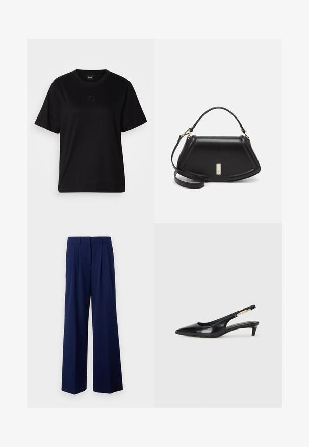 Zwarte katoenen t-shirt met een ronde hals, korte mouwen en een geborduurd logo op de borst. Eenvoudige, comfortabele pasvorm zonder patronen.; Donkerblauwe wijde broek met een hoge taille, voorzien van voorplooien en een gladde textuur. Gemaakt van een lichte, vloeiende stof.; Zwarte leren slingback hakken met een spitse neus, voorzien van een slanke hak en een goudkleurige accent op de verstelbare band. Gladde textuur.; Zwarte leren handtas met een gestructureerd ontwerp, featuring een verkorte vorm, bovenhandvat en gouden hardwareaccent. Inclusief verstelbare schouderband.