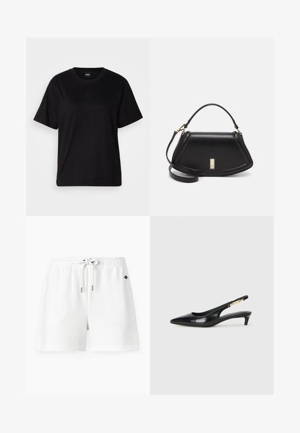 Black cotton t-shirt with a crew neckline, short sleeves, and an embroidered logo on the chest. Simple, relaxed fit with no patterns.; White sweat shorts with an elastic waistband and drawstring. Soft cotton material, featuring minimal stitching and a small logo.; Black leather slingback heels with a pointed toe, featuring a slim heel and a gold-tone accent on the adjustable strap. Smooth texture.; Black leather handbag with a structured design, featuring a cropped shape, top handle, and gold hardware accent. Adjustable shoulder strap included.