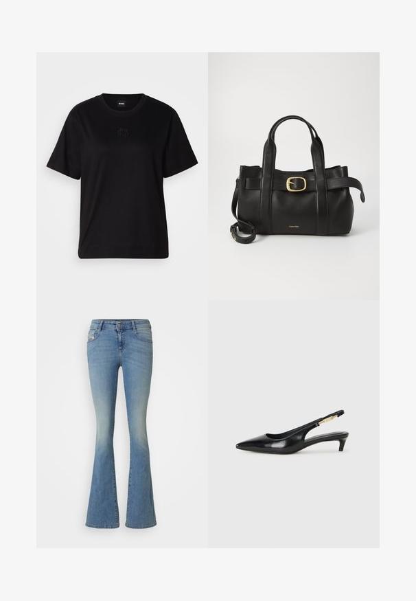 Musta puuvillapaita, jossa on pyöreä kaula-aukko, lyhyet hihat ja brodeerattu logo rinnassa. Yksinkertainen, rento istuvuus ilman kuvioita.; Vaaleansiniset leveälahkeiset farkut, joissa on haalistunut efekti. Varustettu napin sulkemisella, viidellä taskulla ja näkyvillä ompeleilla saumoissa.; Mustat nahkaiset slingback-korkokengät, joissa on terävä kärki, ohuet korot ja kultasävytteinen yksityiskohta säädettävässä hihnassa. Silkkinen pinta.; Musta nahkakäsilaukku, jossa on struktuurinen muotoilu, kaksoiskahvat, kultasävyinen solkiaksentti ja kohokuvioitu brändilogo edessä.