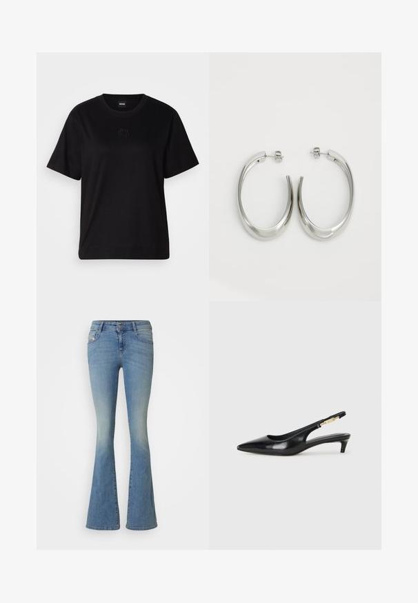 Črna bombažna majica s krožnim izrezom, kratkimi rokavi in izvezenim logotipom na prsih. Preprosta, sproščena silhueta brez vzorcev.; Svijetloplave traperice sa širokim nogavicama od denima s izbljeđenim efektom. Sadrže kopčanje na dugme, pet džepova i vidljivo šivanje uz šavove.; Črne usnjene sandale na peto z ostro konico, ki imajo tanko peto in zlat ton na nastavljivem traku. Gladka tekstura.; Srebrni uhani v obliki obroča z gladkim, ukrivljenim oblikovanjem. Imajo sijajno kovinsko površino in zapiranje na žebljiček. Brez vidnih vzorcev ali dodatkov.