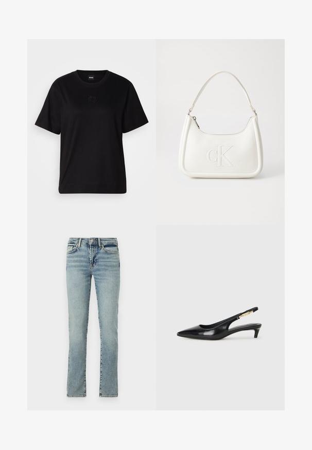 T-shirt negru din bumbac, cu guler rotund, mâneci scurte și un logo brodat pe piept. Design simplu, cu o croială relaxată și fără modele.; Jeans din denim de culoare albastru deschis, cu un design cu picioare drepte, stil cu cinci buzunare și o estompare subtilă. Include închidere cu buton metalic și fermoar.; Sandale slingback din piele neagră cu vârf ascuțit, având un toc subțire și un accent de culoare aurie pe curea ajustabilă. Textură netedă.; Geantă de umăr din piele albă cu formă curbată, având un logo "CK" embosat pe partea din față și un singur braț de umăr. Închidere cu fermoar în partea de sus.