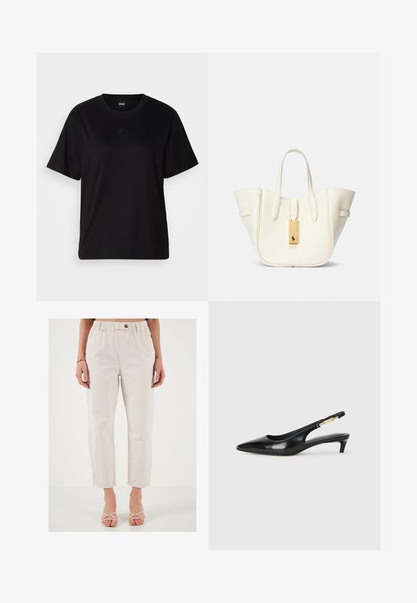 Fekete pamut póló kerek nyakkivágással, rövid ujjakkal és hímzett logóval a mellkasán. Egyszerű, laza szabás, minta nélkül.; Világos bézs nadrág, rugalmas derékkal, elülső gombbal, szűkített lábszárakkal és feltekert szegéllyel. Simább, textúrált anyagból készült.; Fekete bőr slingback magassarkúk, hegyes orral, vékony sarkakkal és arany színű részlettel a állítható pánton. Simа felület.; Fehér bőr táska strukturált formával, kiemelkedő varrásokkal, arany színű fém címkével és dupla fogantyúkkal. Texturált felület oldalzsebekkel.