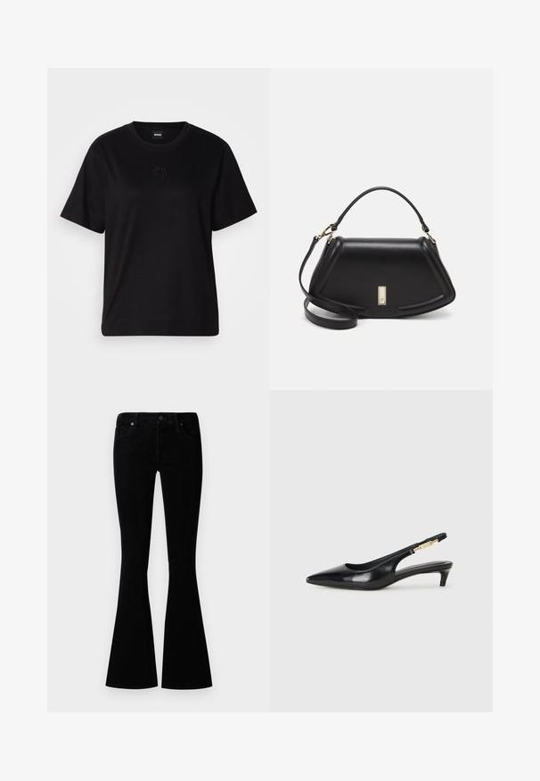 Mustmust särk, millel on ümar kaelus, lühikesed varrukad ja tindiga tikitud logo rinnal. Lihtne, mugav lõige ilma mustriteta.; Mustad mustad teksad, millel on laiem allosas lõige, keskmine talje, viis taskut ja metallist nööp, mis lisab detaili.; Mustad nahast slingback kontsad terava ninaga, millel on õhuke konts ja kuldse tooni aktsent reguleeritaval rihmal. Sile tekstuur.; Must mustrist käekott, millel on struktureeritud disain, lühendatud kuju, ülemine käepide ja kuldne metallist detail. Reguleeritav õlalihm on kaasas.
