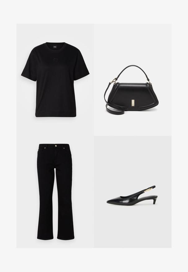 Maglietta in cotone nera con scollatura tonda, maniche corte e logo ricamato sul petto. Design semplice e vestibilità rilassata senza motivi.; Jeans flare in denim nero con vita media, due tasche frontali e una tasca posteriore. Presentano un bottone e una zip in tonalità oro.; Tacchi slingback in pelle nera con punta affusolata, caratterizzati da un tacco alto e un accento dorato sulla cinghia regolabile. Texture liscia.; Borsa a mano in pelle nera con un design strutturato, caratterizzata da una forma corta, manico superiore e accessori in metallo dorato. Inclusa tracolla regolabile.