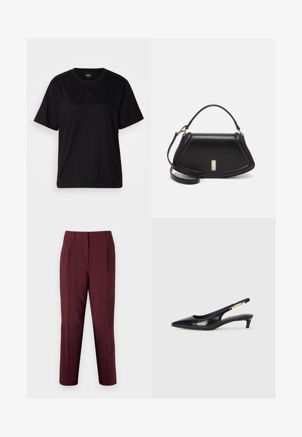 Black cotton t-shirt with a crew neckline, short sleeves, and an embroidered logo on the chest. Simple, relaxed fit with no patterns.; Bruuns Bazaar CINDYSUS DAGNY - Trousers - sassafras; Black leather slingback heels with a pointed toe, featuring a slim heel and a gold-tone accent on the adjustable strap. Smooth texture.; Black leather handbag with a structured design, featuring a cropped shape, top handle, and gold hardware accent. Adjustable shoulder strap included.