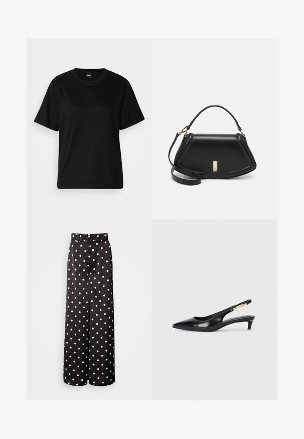 Melna kokvilnas T-krekls ar apaļu izgriezumu, īsām piedurknēm un izšūtu logotipu uz krūtīm. Vienkāršs, brīvs piegriezums bez rakstiem.; Melnas platās kāju bikses ar jostasvietu, izgatavotas no gludas auduma ar baltu punktu rakstu visā virsmā.; Melnas ādas slingback zābaki ar smailu purngalu, ar šauru papēdi un zelta krāsas akcentu uz regulējama siksniņas. Gluda tekstūra.; Melnas ādas roku soma ar struktūru, ar īsu formu, augšējo rokturi un zelta aksesuāriem. Iekļauta regulējama plecu siksna.
