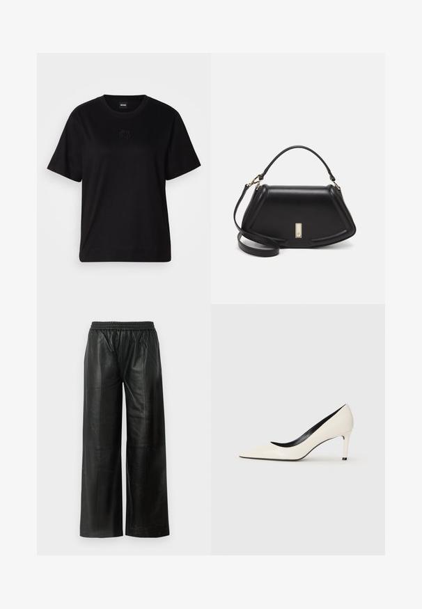 Maglietta in cotone nera con scollatura tonda, maniche corte e logo ricamato sul petto. Design semplice e vestibilità rilassata senza motivi.; Pantaloni larghi in pelle nera con vita elastica, caratterizzati da una texture liscia e dettagli di cucitura minimi.; Pump in vernice bianca con tacco alto, punta affilata e dettagli interni neri. Texture liscia e design elegante.; Borsa a mano in pelle nera con un design strutturato, caratterizzata da una forma corta, manico superiore e accessori in metallo dorato. Inclusa tracolla regolabile.