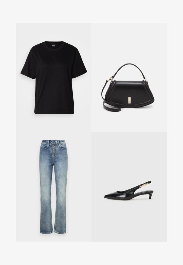 Camiseta de algodón negra con cuello redondo, mangas cortas y un logo bordado en el pecho. Ajuste simple y relajado sin patrones.; Jeans de mezclilla azul de corte acampanado con un lavado claro, que cuentan con una cremallera en la parte delantera, un diseño de cinco bolsillos y detalles de costura a lo largo de las costuras.; Tacones negros de piel sintética tipo slingback con punta afilada, que cuentan con un tacón delgado y un detalle en tono dorado en la correa ajustable. Textura suave.; Bolso de mano de cuero negro con un diseño estructurado, que presenta una forma recortada, asa superior y acentos en dorado. Correa de hombro ajustable incluida.