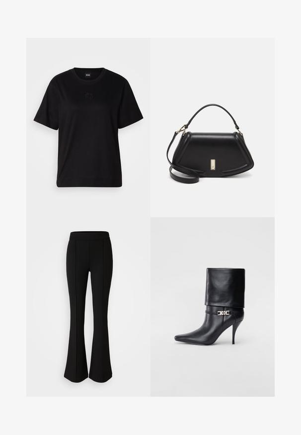 Zwarte katoenen t-shirt met een ronde hals, korte mouwen en een geborduurd logo op de borst. Eenvoudige, comfortabele pasvorm zonder patronen.; Zwarte flared broek gemaakt van een rekbaar materiaal met een gladde textuur, met naaddetails aan de voorkant voor extra ontwerp.; Zwarte leren enkelboot met een spitse neus, hoge stilettohak, opgevouwen manchet en een gouden decoratieve gespdetails op de enkel.; Zwarte leren handtas met een gestructureerd ontwerp, featuring een verkorte vorm, bovenhandvat en gouden hardwareaccent. Inclusief verstelbare schouderband.