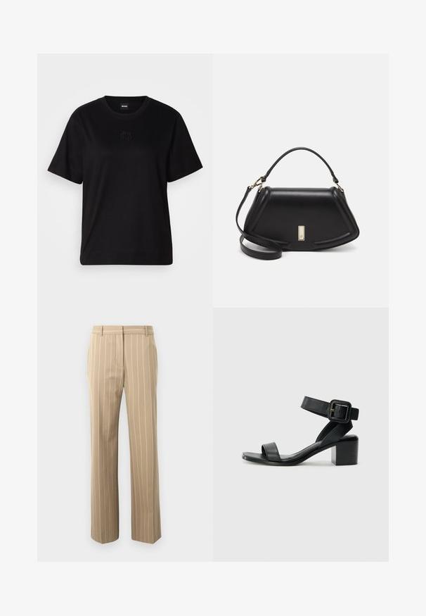 Svart bomull T-skjorte med rund hals, korte ermer og et brodert logo på brystet. Enkel, avslappet passform uten mønstre.; Beige bukser med en skræddersyet pasform, med lodrette hvide striber, glat tekstur, bæltesløjfer og to forlommer.; Svart lær hæl sandal med justerbar ankelstropp, åpen tå design og firkantet blokk hæl. Glatt tekstur, minimalistisk stil.; Sort lærveske med en strukturert design, som har en avkortet form, topphåndtak og detaljer i gull. Justerbar skulderstropp inkludert.