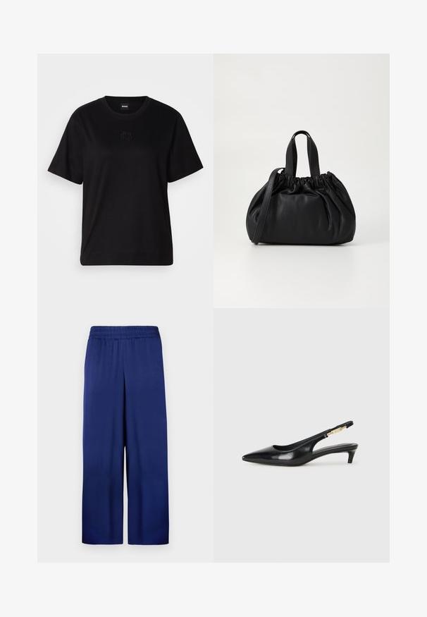Black cotton t-shirt with a crew neckline, short sleeves, and an embroidered logo on the chest. Simple, relaxed fit with no patterns.; Navy blue wide-leg pants with an elastic waistband, made from smooth fabric, featuring a simple and functional design with no visible patterns.; Black leather slingback heels with a pointed toe, featuring a slim heel and a gold-tone accent on the adjustable strap. Smooth texture.; Black leather handbag with a gathered top design, featuring two short handles and a long adjustable strap. Smooth texture, rounded shape.