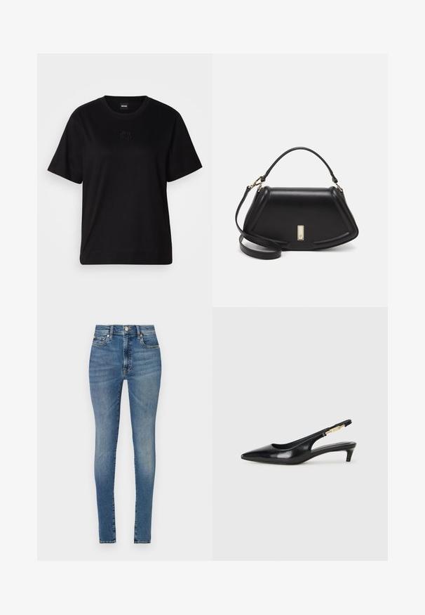 Fekete pamut póló kerek nyakkivágással, rövid ujjakkal és hímzett logóval a mellkasán. Egyszerű, laza szabás, minta nélkül.; Világoskék farmer, magas derekú, skinny fazonú nadrág, öt zsebes kialakítással, övhurkokkal, illetve cipzáros, gombos záródással.; Fekete bőr slingback magassarkúk, hegyes orral, vékony sarkakkal és arany színű részlettel a állítható pánton. Simа felület.; Fekete bőr kézitáska, strukturált dizájnnal, rövidített formával, felső fogantyúval és arany színű kiegészítőkkel. Állítható vállpánt is tartozik hozzá.