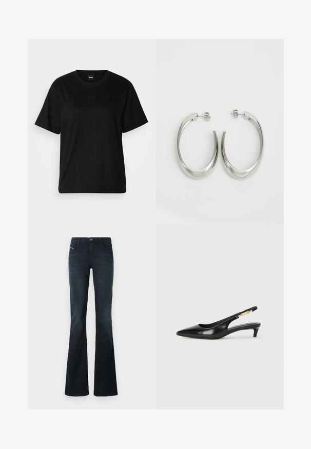 Svart bomullströja med rund halsringning, korta ärmar och en broderad logotyp på bröstet. Enkel, avslappnad passform utan mönster.; Utställda jeans i mörk denim med en slät yta, femficksdesign och knappknäppning i midjan. Har subtila sömdetaljer.; Svart läder slingback-hälar med spetsig tå, med en smal klack och en guldtonad detalj på den justerbara remmen. Slät textur.; Silverfärgade hoopsörhängen med en slät, böjd design. Har en glänsande metallisk yta och ett stiftlås. Inga synliga mönster eller detaljer.