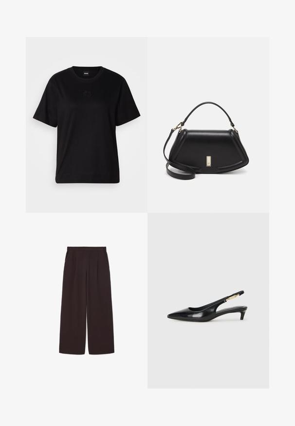 Maglietta in cotone nera con scollatura tonda, maniche corte e logo ricamato sul petto. Design semplice e vestibilità rilassata senza motivi.; Pantaloni larghi di colore marrone scuro realizzati in tessuto leggero, con vita alta, pieghe e due tasche laterali, dotati di una cintura elasticizzata.; Tacchi slingback in pelle nera con punta affusolata, caratterizzati da un tacco alto e un accento dorato sulla cinghia regolabile. Texture liscia.; Borsa a mano in pelle nera con un design strutturato, caratterizzata da una forma corta, manico superiore e accessori in metallo dorato. Inclusa tracolla regolabile.