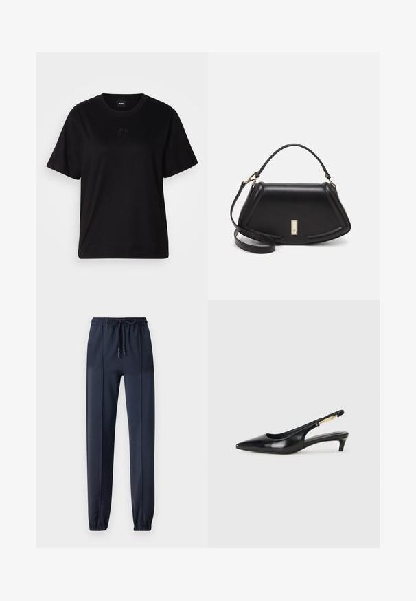 Black cotton t-shirt with a crew neckline, short sleeves, and an embroidered logo on the chest. Simple, relaxed fit with no patterns.; Navy blue jogger pants made of a smooth, lightweight material; features an elastic waistband with a drawstring and tapered ankles.; Black leather slingback heels with a pointed toe, featuring a slim heel and a gold-tone accent on the adjustable strap. Smooth texture.; Black leather handbag with a structured design, featuring a cropped shape, top handle, and gold hardware accent. Adjustable shoulder strap included.