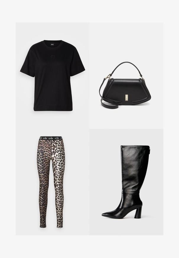 Black cotton t-shirt with a crew neckline, short sleeves, and an embroidered logo on the chest. Simple, relaxed fit with no patterns.; Leopard print leggings featuring a black elastic waistband with "crâs" text, made from a shiny, smooth material.; Knee-high black leather boot with a pointed toe, smooth texture, and a chunky heel. Features a zipper detail at the back.; Black leather handbag with a structured design, featuring a cropped shape, top handle, and gold hardware accent. Adjustable shoulder strap included.