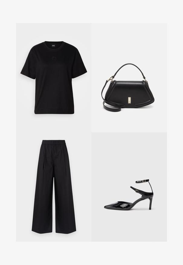 Svart bomull T-skjorte med rund hals, korte ermer og et brodert logo på brystet. Enkel, avslappet passform uten mønstre.; Svart vidbenede bukser laget av glatt stoff, med elastisk midje og uten synlige lommer eller beslag.; Sorte lakkede hæle med spids tå, justerbare ankelstropper og en slank hæl. Glat tekstur med en skinnende overflade.; Sort lærveske med en strukturert design, som har en avkortet form, topphåndtak og detaljer i gull. Justerbar skulderstropp inkludert.
