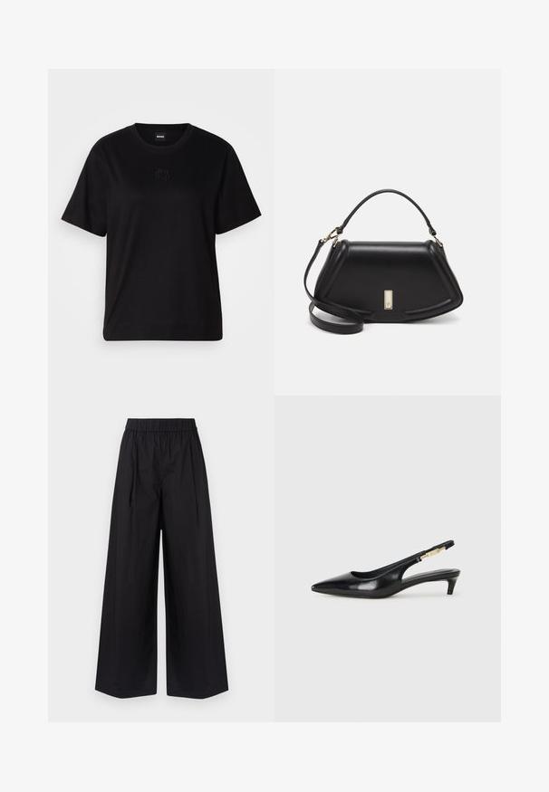 Černé bavlněné tričko s kulatým výstřihem, krátkými rukávy a vyšitým logem na hrudi. Jednoduchý, volný střih bez vzorů.; Černé kalhoty s širokými nohavicemi vyrobené z hladké tkaniny, s elastickým pasem a bez viditelných kapes či kovových detailů.; Černé kožené boty na podpatku s otevřenou patou a špičatou špičkou, s tenkým podpatkem a zlatým akcentem na nastavitelném pásku. Hladký povrch.; Černá kožená kabelka se strukturovaným designem, jejíž tvar je zkrácený, má horní rukojeť a zlaté kovové detaily. Součástí je i nastavitelný ramenní popruh.