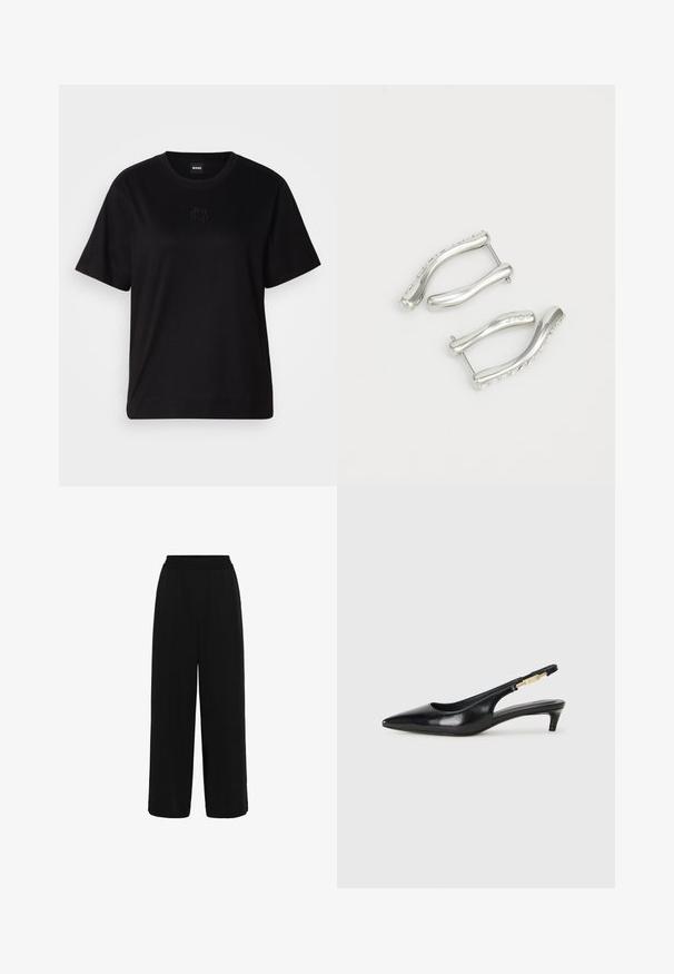 Mustmust särk, millel on ümar kaelus, lühikesed varrukad ja tindiga tikitud logo rinnal. Lihtne, mugav lõige ilma mustriteta.; Mustad laiad püksid elastse vöökoha külge, valmistatud pehme kangaga, millel on sile tekstuur ja puhas, kaunistusteta disain.; Mustad nahast slingback kontsad terava ninaga, millel on õhuke konts ja kuldse tooni aktsent reguleeritaval rihmal. Sile tekstuur.; Hõbedased metallkõrvarõngad lainelise disainiga, millel on sujuvad kõverad ja tekstureeritud äär. Suurendatud lähedusdetail, kus on näha tehnilisi üksikasju.