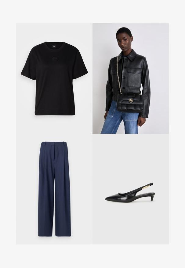 Czarny bawełniany t-shirt z okrągłym dekoltem, krótkimi rękawami i haftowanym logo na piersi. Prosty, luźny krój bez wzorów.; Granatowe spodnie o szerokich nogawkach wykonane z teksturowanej tkaniny, z plisowanym przodem i usztywnionym pasa z pętelkami na pasek.; Czarne skórzane szpilki typu slingback z ostrym noskiem, posiadające smukły obcas i złoty akcent na regulowanym pasku. Gładka tekstura.; Czarna skórzana kurtka z zapięciem na guziki i dwoma przednimi kieszeniami, w połączeniu z czarną pikowaną torebką na ramię z złotym zapięciem i łańcuszkowym paskiem.