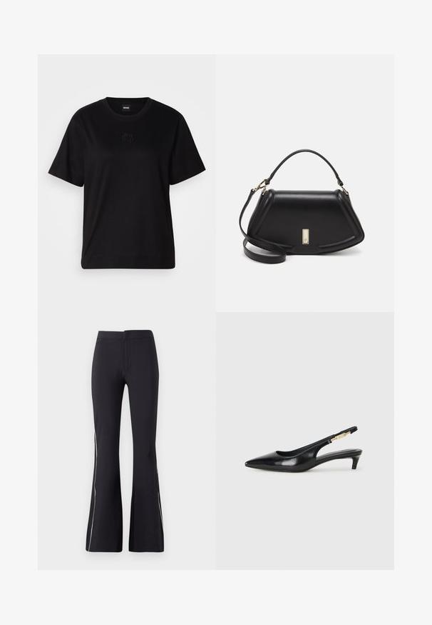 Black cotton t-shirt with a crew neckline, short sleeves, and an embroidered logo on the chest. Simple, relaxed fit with no patterns.; Black flared pants made of stretchy fabric. Features a smooth texture and contrasting white side piping. Simple elastic waistband design.; Black leather slingback heels with a pointed toe, featuring a slim heel and a gold-tone accent on the adjustable strap. Smooth texture.; Black leather handbag with a structured design, featuring a cropped shape, top handle, and gold hardware accent. Adjustable shoulder strap included.