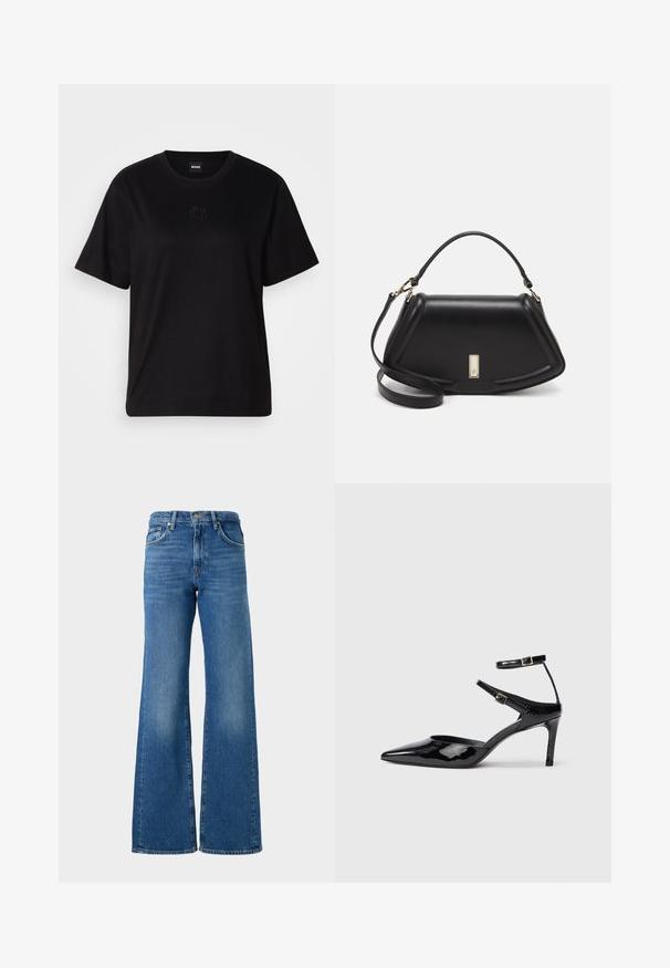 T-shirt en coton noir avec un col rond, des manches courtes et un logo brodé sur la poitrine. Coupe simple et décontractée sans motifs.; Jean bleu à jambes larges avec une finition décolorée, en denim, présentant un design classique à cinq poches et une fermeture à bouton en laiton à la taille.; Talons en cuir verni noir avec un bout pointu, des sangles de cheville ajustables et un talon fin. Texture lisse avec une finition brillante.; Sac à main en cuir noir avec un design structuré, featuring une forme cropped, une poignée supérieure et des accents en matériel doré. Bandoulière réglable incluse.